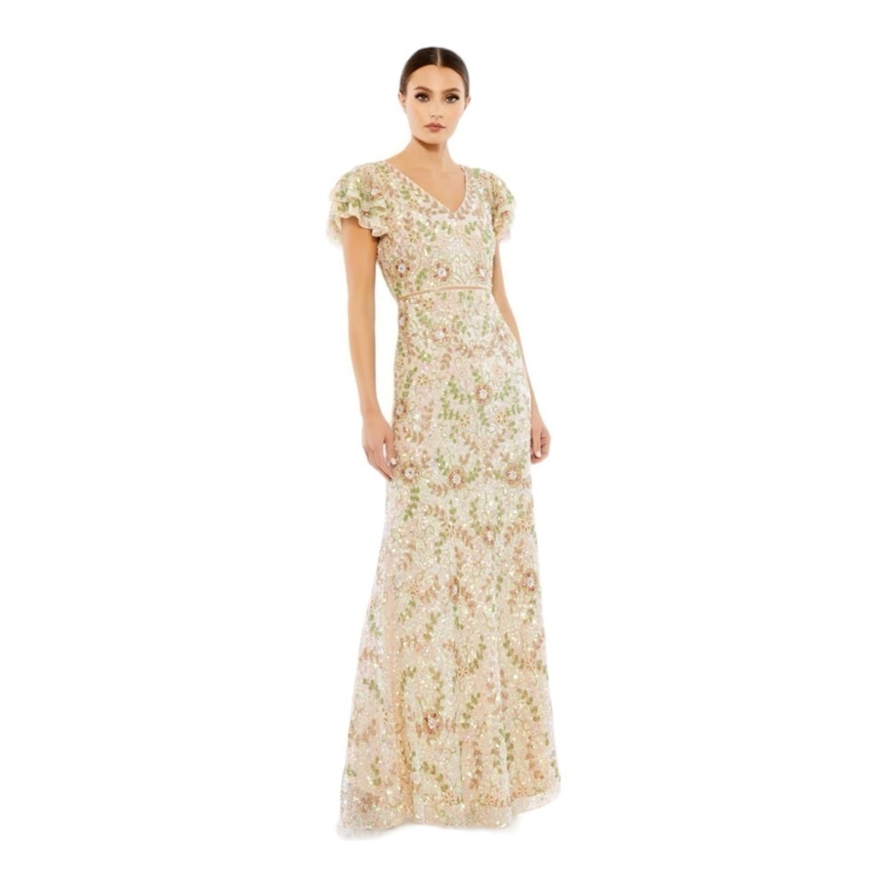 Mac Duggal Embellished Ruffled Cap Sleeve V Neck Gown NWT